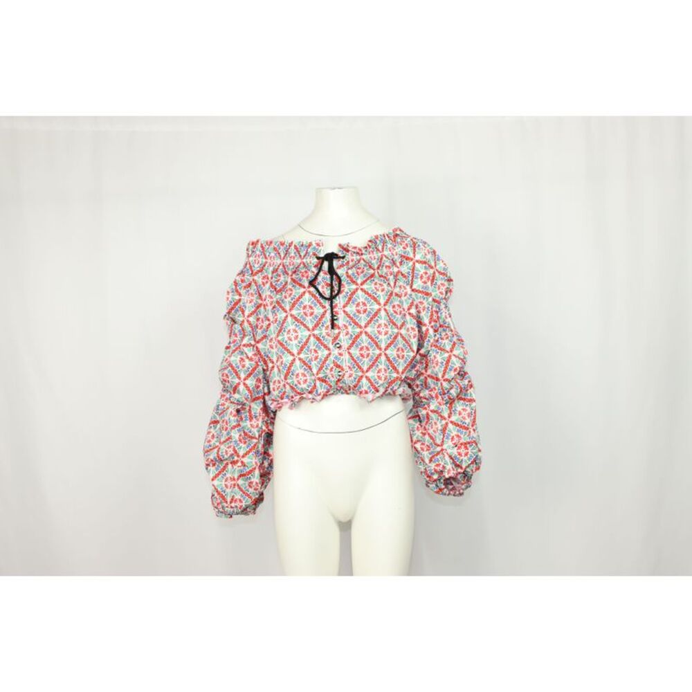 Caroline Constas Smocked Off Shoulder Top in Multicolor Cotton